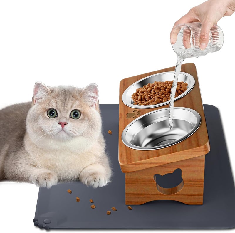 INNVVIS Elevated Cat Bowls with Silicone Mat, 15° Tilted Solid Wood Stand, Raised Stainless Steel Food & Water Dishes for Cats and Small Dogs, Anti-Vomiting Design(Natural) - Image 1
